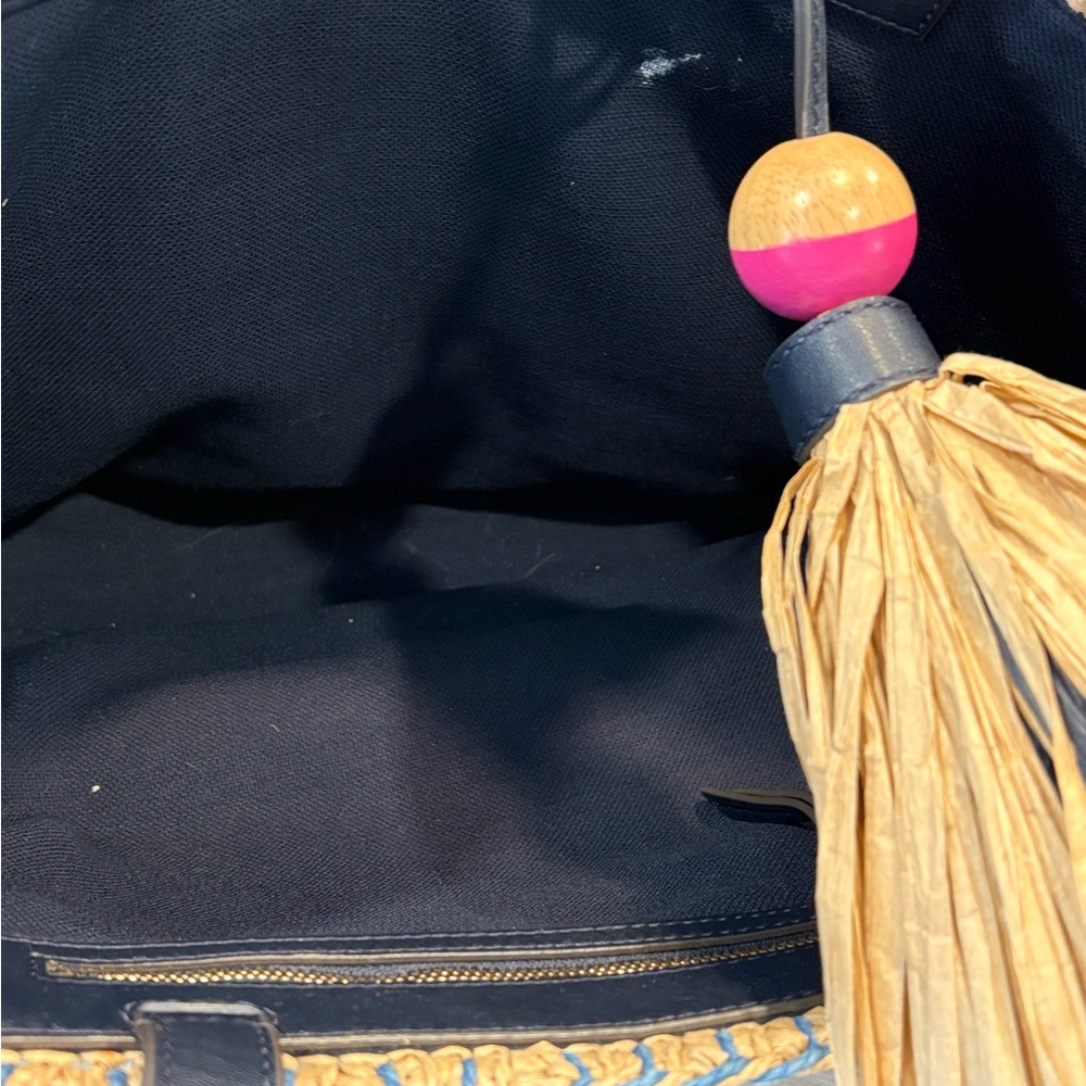 Tory Burch Small Straw Tote - Navy and Tan with Light Blue and Hot Pink Details - Picture 4 of 5